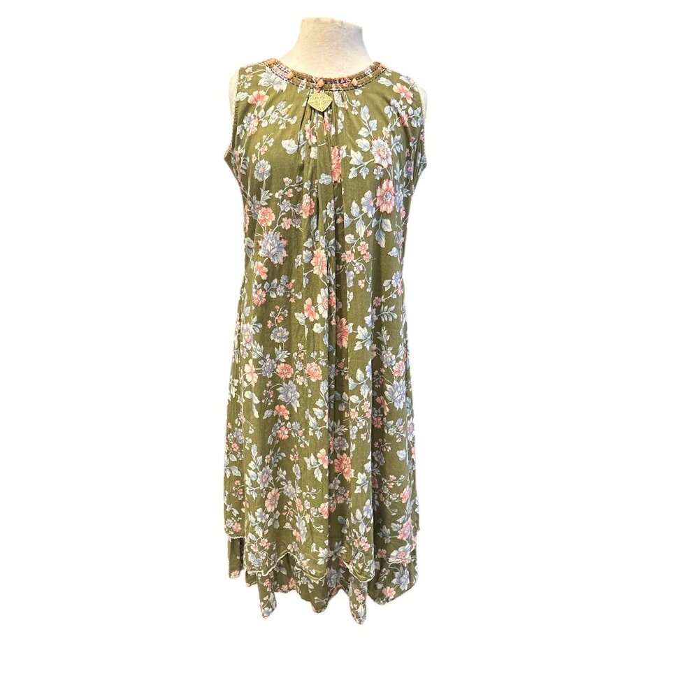 Sleeveless Floral Print Tiered Green Dress With Crochet Neckline Accent